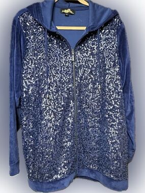 Joan Boyce royal blue velour and sequin zip-up hoodie matching pant